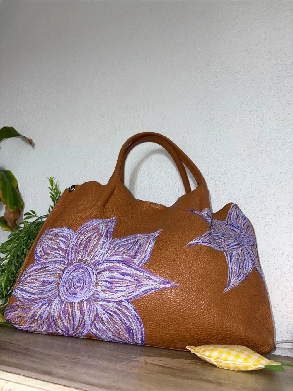 Upcycle Handpainted Alesia Capri Tan Leather Tote with Lavender Floral Accent